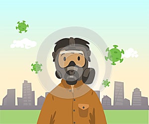 Man in gas mask on summer city background with green viruses floating around. Quarantine, coronavirus concept. Colorful