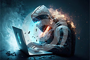 a man in a gas mask using a laptop computer with fire coming out of his face and hands on his chest