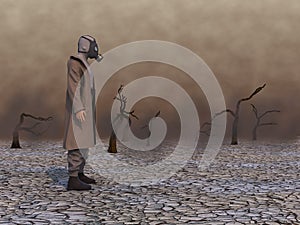 Man with gas mask in a wasteland