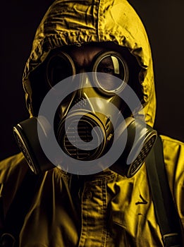 A man in a gas mask, a yellow protective suit, a backpack on a black background.