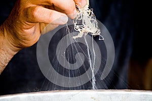 Man gathering silk thread for reeling