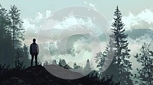 Man Gazing out Over Misty Forests from Mountain Peak