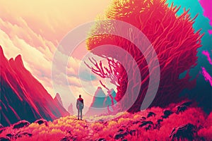 A man gazing upon a vivid coral forest in a fantastical landscape. Fantasy concept , Illustration painting