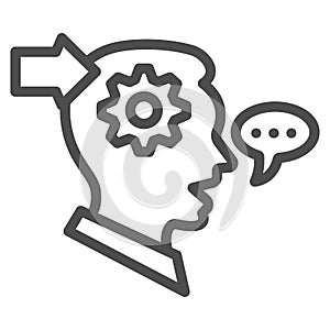 Man with gear in head, arrow, speech bubble line icon, thought concept, interpreter vector sign on white background
