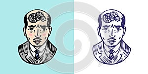 A man with gears in his brain. Psychology concept. Thinking process. Retro vector illustration for woodcut or print
