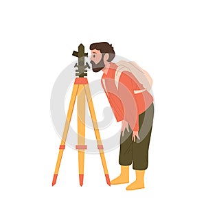 Man geologist cartoon character taking measures with theodolite isolated on white background