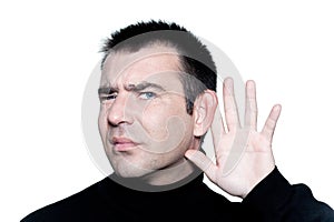 Man gesturing with hearing aid speak up