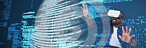 Composite image of man gesturing while using virtual reality headset