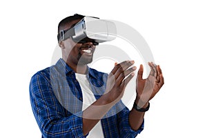 Man gesturing while using virtual reality headset