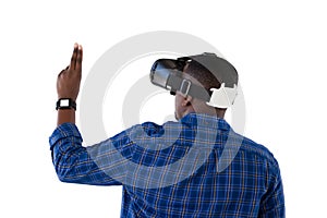 Man gesturing while using virtual reality headset