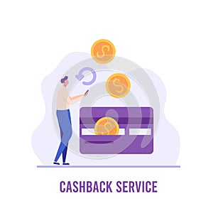 Man gets refund on credit card. Cashback service and online money refund. Concept of transfer money, e-commerce, saving account.