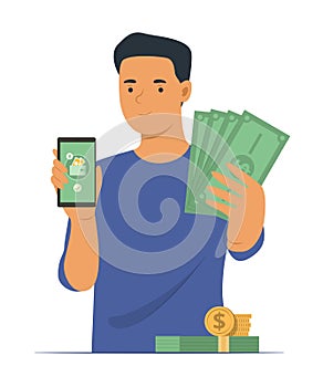 Man Getting Cash Money from Online Money Transfer by Smartphone Concept Illustration