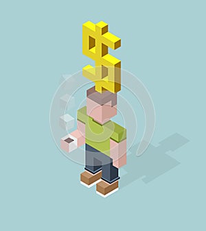 Man with giant dollar sign overhead, isometric cubes composition. Financial success, valuable employee, savings, deposit, big prof