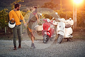 Man and girl enjoying in romantic road trip on vacation