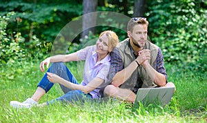 Man and girl looking for inspiration in nature. Inspiring environment. Couple youth spend leisure outdoors working with