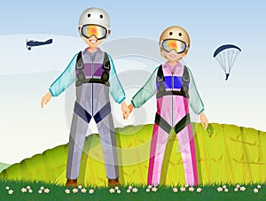 Man and girl parachutists
