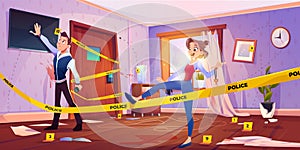 Man and girl in quest escape room with crime scene