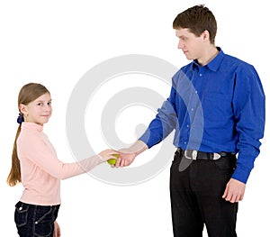 Man give apple to the girl