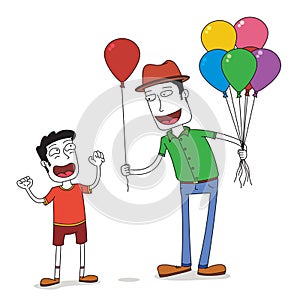 Man gives a balloon to a boy