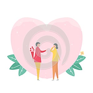 Man gives a bouquet of flowers to his girlfriend. Scene design about couple of love in winter season. Vector illustration in flat
