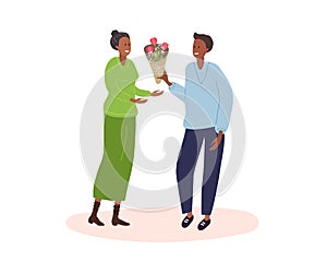 Man gives bouquet of flowers to woman. Girl is going to take bouquet. Couple in love. Tulip bouquet for birthday