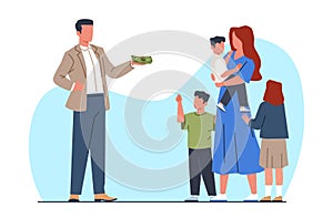 Man gives money to mother with many children. Support children. Alimony, spousal agreement, payments to wife after photo