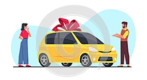 Man gives woman car as gift. Birthday surprise, automobile lottery prize, auto with red bow. Passenger personal city