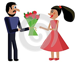 A man gives a woman flowers. Happy couple. Flowers for the beloved. A real man. Boy and girl. Boyfriend Gelfrend.