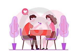 Man giving box diamond ring, offer marry girlfriend, romantic engagement after dinner - Vector Illustration