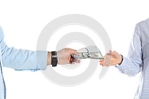 Man giving bribe money to woman on background, closeup of hands