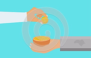 Man giving charity to a beggar. Man donating money concept. Beggar hand with a bowl of golden coins vector. Giving donations to a