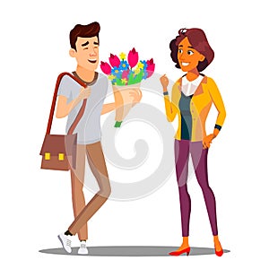 Man Giving Flowers To Woman Vector. Illustration