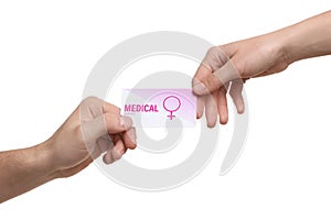 Man giving medical business card to woman isolated on white. Women`s health service.