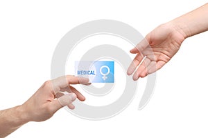 Man giving medical business card to girl isolated on white. Women`s health service