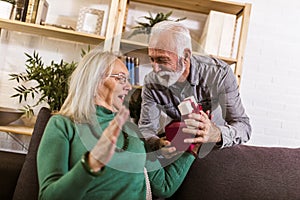 Man giving a present to his woman at home