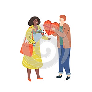 Man is giving a present to a woman for valentine`s day. Flat vector illustration.