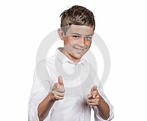 Man giving two thumbs up, pointing with fingers at camera