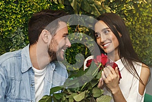 Man Giving Woman Roses Sitting Near Green Wall In Cafe