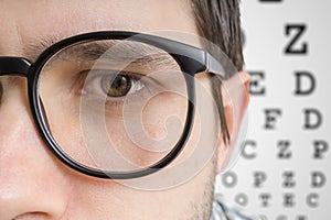 Man with glasses is testing his sight. Closeup view on eye