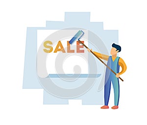 A man glues a sale poster on the wall with a roller isolated on white background