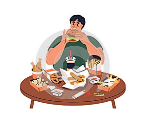 Man glutton eating fast junk food. Person overeating fastfood, burgers, fat snacks. Hungry character and unhealthy diet