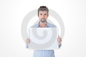 Man with goatee holding an empty board