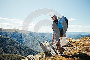 Man goes hiking in the mountains