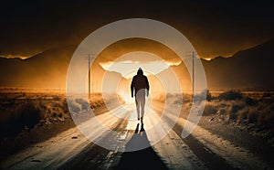 man goes on the road to the distance, the path to success, a journey, generative ai