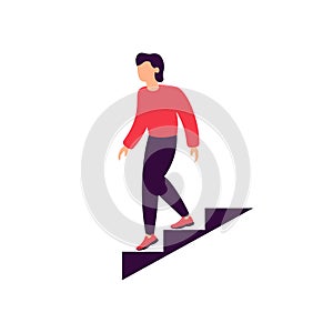 Man going down stairs, steps down direction, isolated human figure on white background