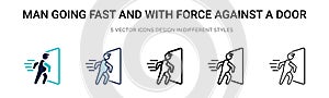 Man going fast and with force against a door icon in filled, thin line, outline and stroke style. Vector illustration of two