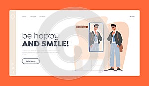 Man Going to Work Landing Page Template. Handsome Character Wearing Formal Wear, Sunglasses and Belt Bag front of Mirror