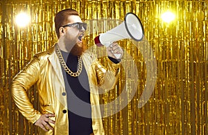 Man in golden jacket shouting in megaphone, announcing start of holiday sale or movie casting