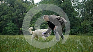 Man and Golden retriever dog playing or training with toy for animal outdoor at nature