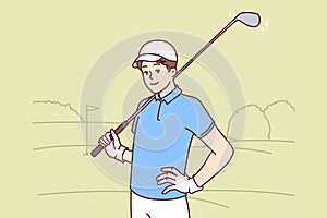 Man with golf club on shoulder smiles standing in golfers park after successfully completing holes